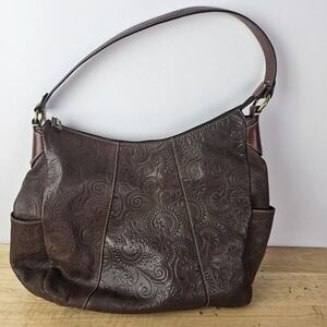 Fossil Shoulder Hobo Bag Purse Brown Paisley Floral Leather Zip Pockets Boho